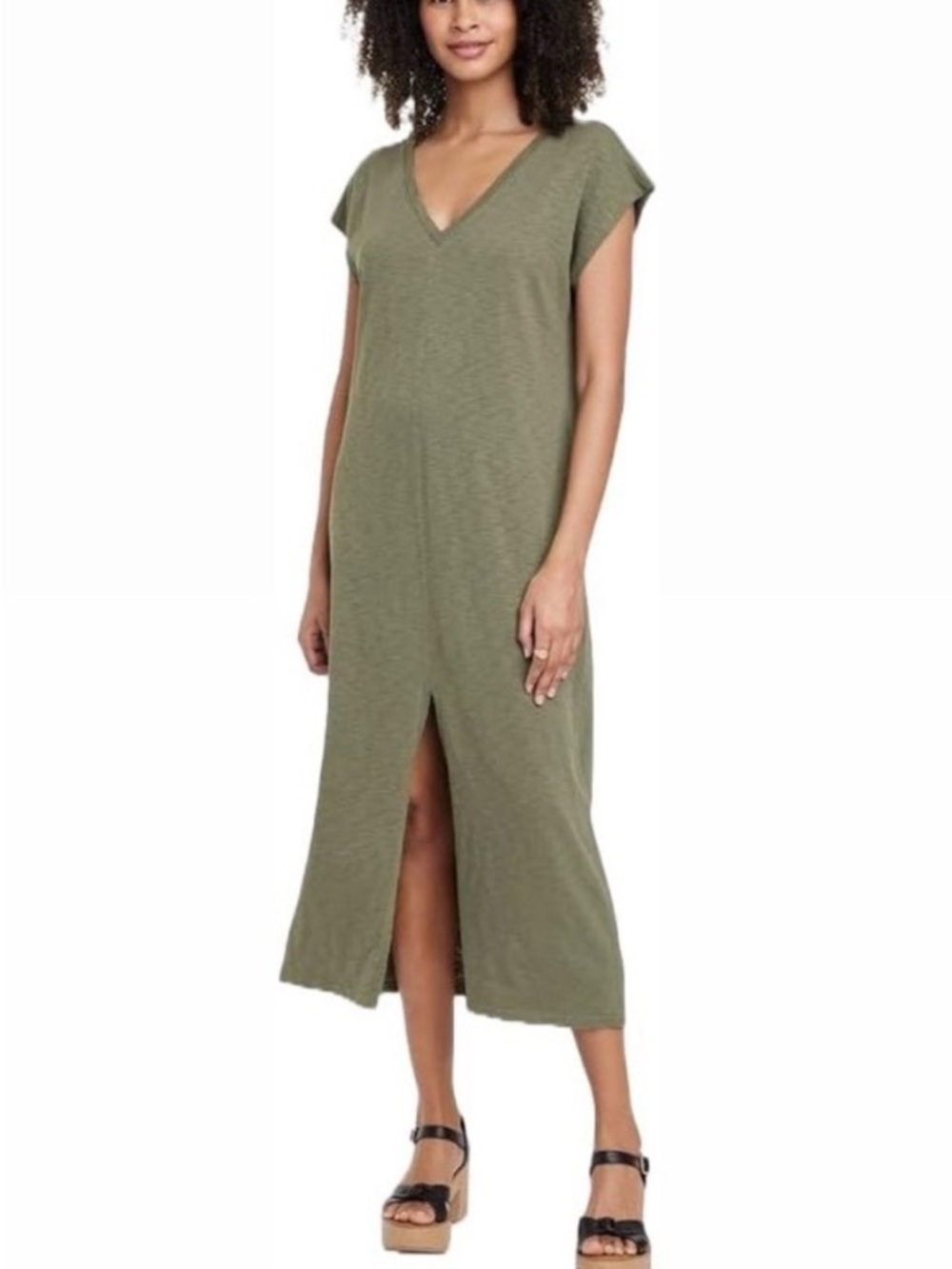 Universal Thread Olive Green V-Neck Midi Tee Dress with Front Slit